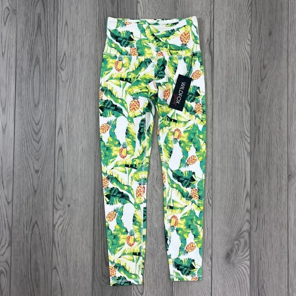 Wildfox Women Size S Green Yellow High Rise Novelty Palm Pinapple NEW Leggings